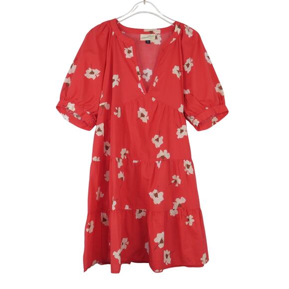 Universal Thread Coral Pink Floral Print Puff Sleeve Mini Dress Medium - Picture 2 of 5